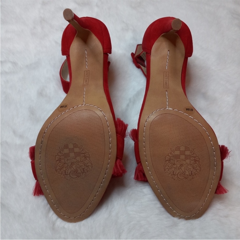Vince Camuto Red Joshina Fringed Buckle Open Toe High Heels - Picture 7 of 11
